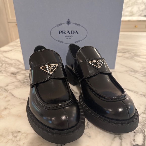 Prada Shoes - Prada Black Patent Leather Loafers with Metal Triangle Logo